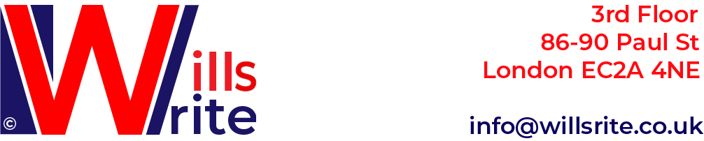 Willrite's registered logo (a styleised Red W emerging from a vertical blue block evoking a corner of the Union Flag, flanked on the right with a blue stripe forming the capital letter of both will and write